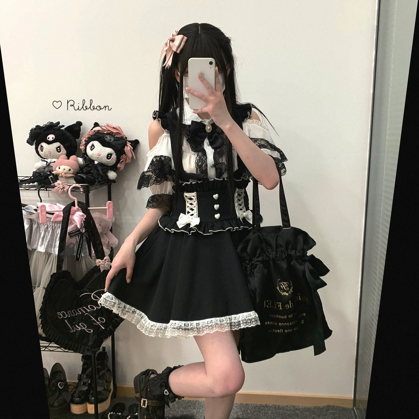 Jirai Kei Suspender Skirt Ruffled Lace Strap Salopette (Black / Preorder) 35372:544122
