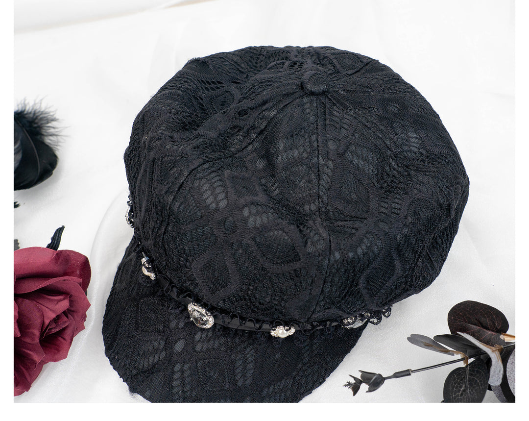 Jirai Kei Black Octagonal Hat with Rhinestone Lace 21572:311466