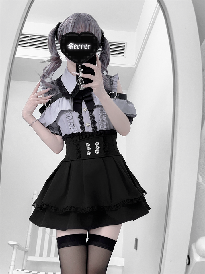 Black Jirai Kei Skirt High Waistband With Rhinestones 43246:771040