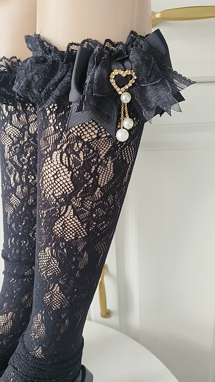 Jirai Kei Mid Length Cotton Socks, Bows and Pearls 44121:797909