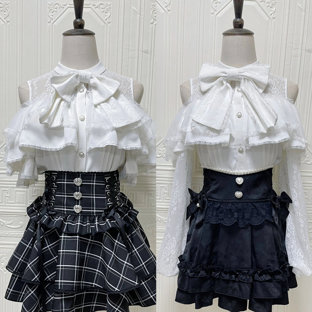 Solid Ryousangata Blouse, Lace Open-shoulder 44164:801568