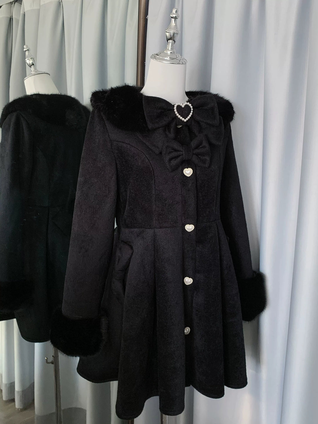 Winter Jirai Kei Coat Woolen Fleece Coat Bow Knot Coat (Black / L M) 41032:685788