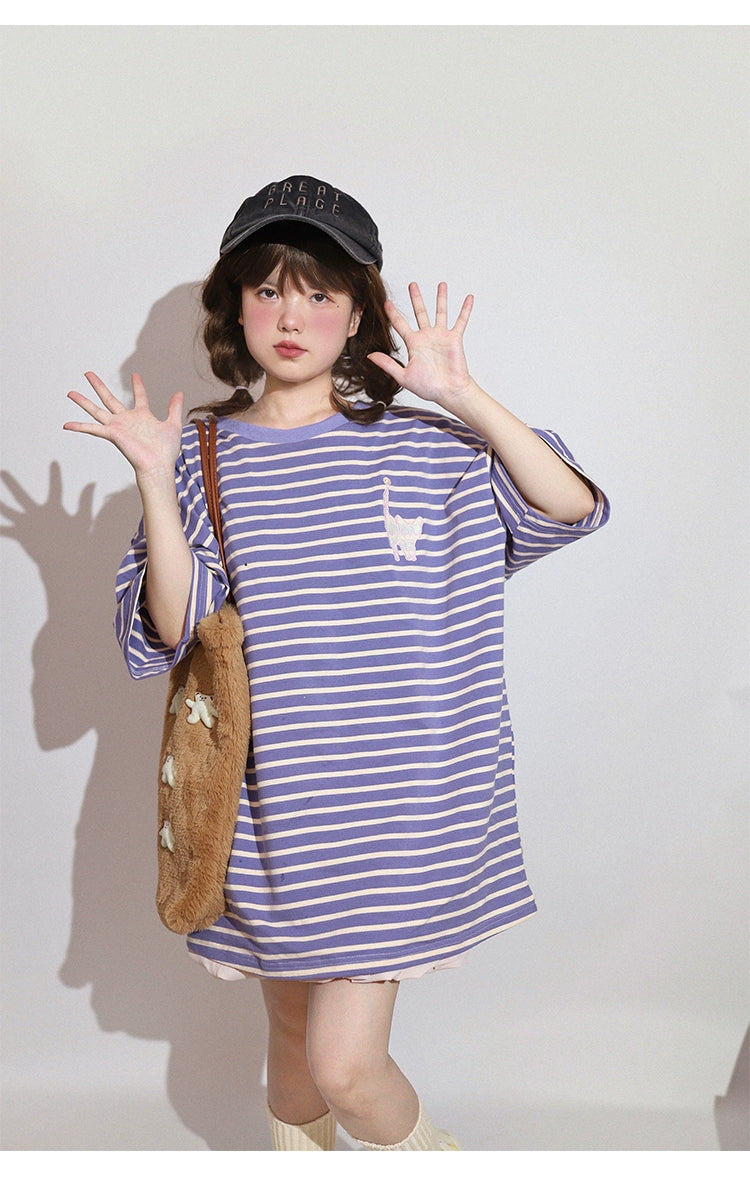 Kawaii Aesthetic Shirt Striped Short Sleeve Cotton Top 36562:518550