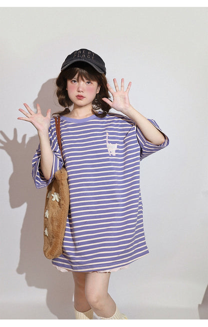 Kawaii Aesthetic Shirt Striped Short Sleeve Cotton Top 36562:518550