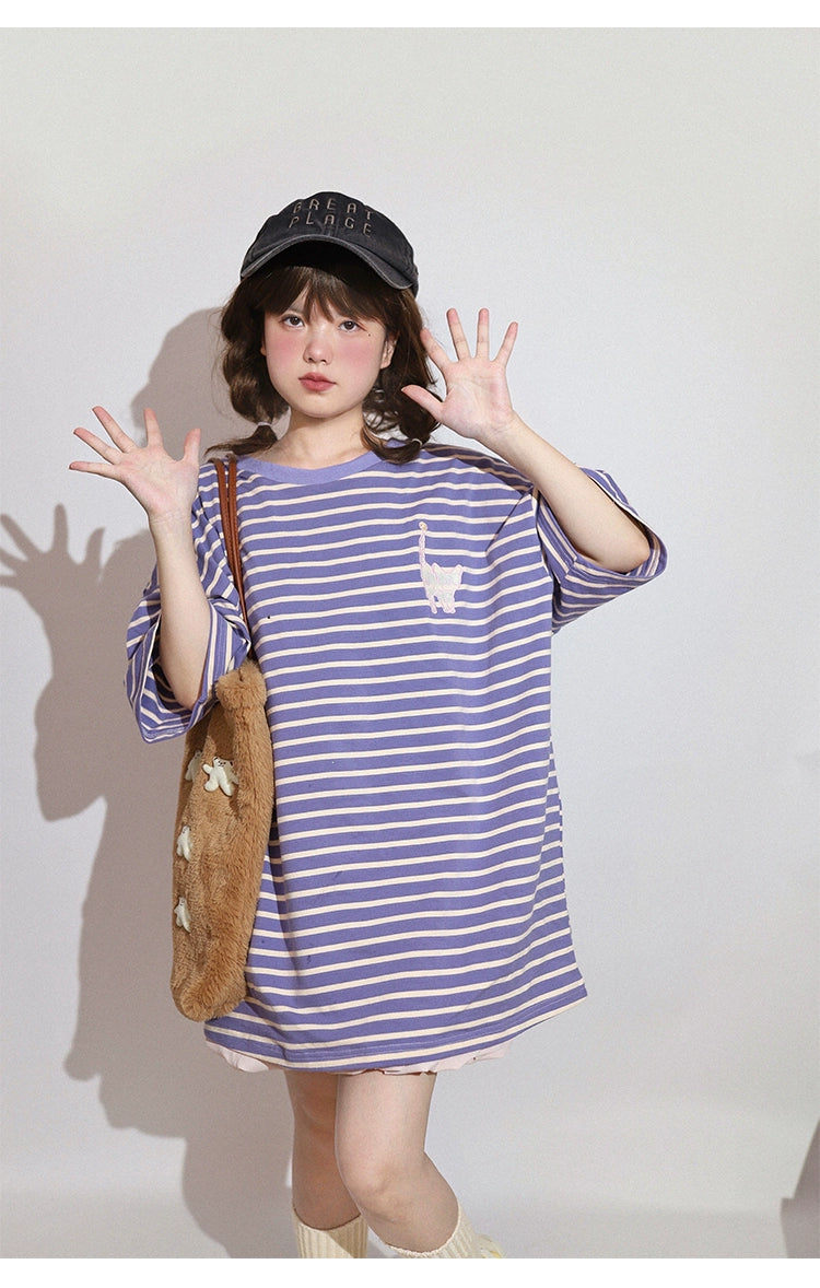 Kawaii Aesthetic Shirt Striped Short Sleeve Cotton Top 36562:518396