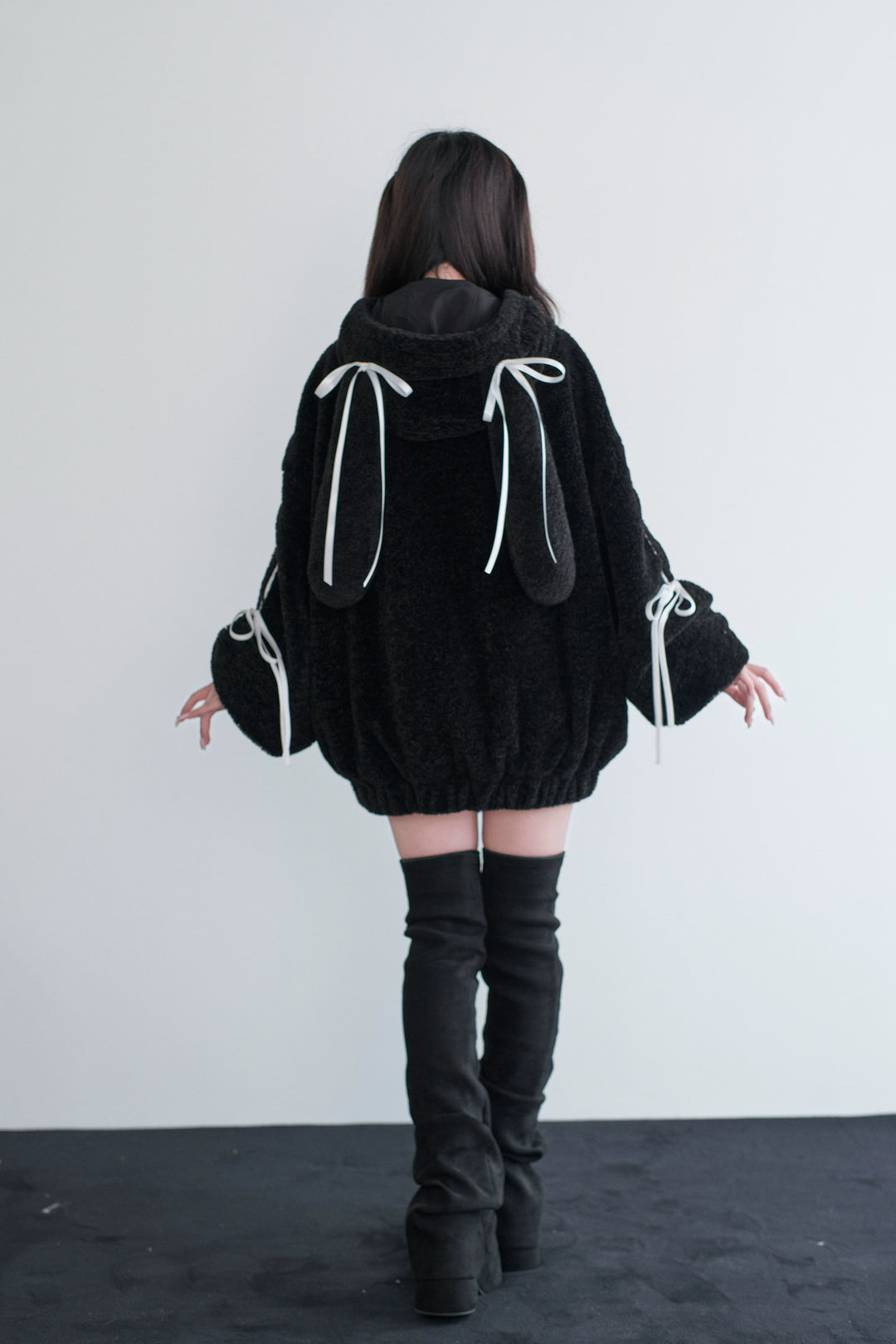 Daily Style Black Winter Coat, Bunny Ear Hood 44326:805279