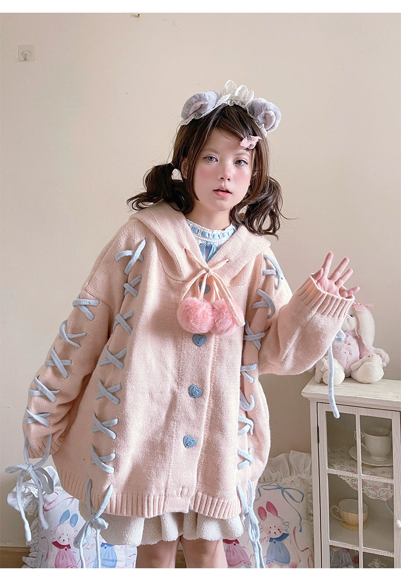 Kawaii White Pink Blue Cardigan Bunny Ears Sweater Coat 22658:345338 22658:345338