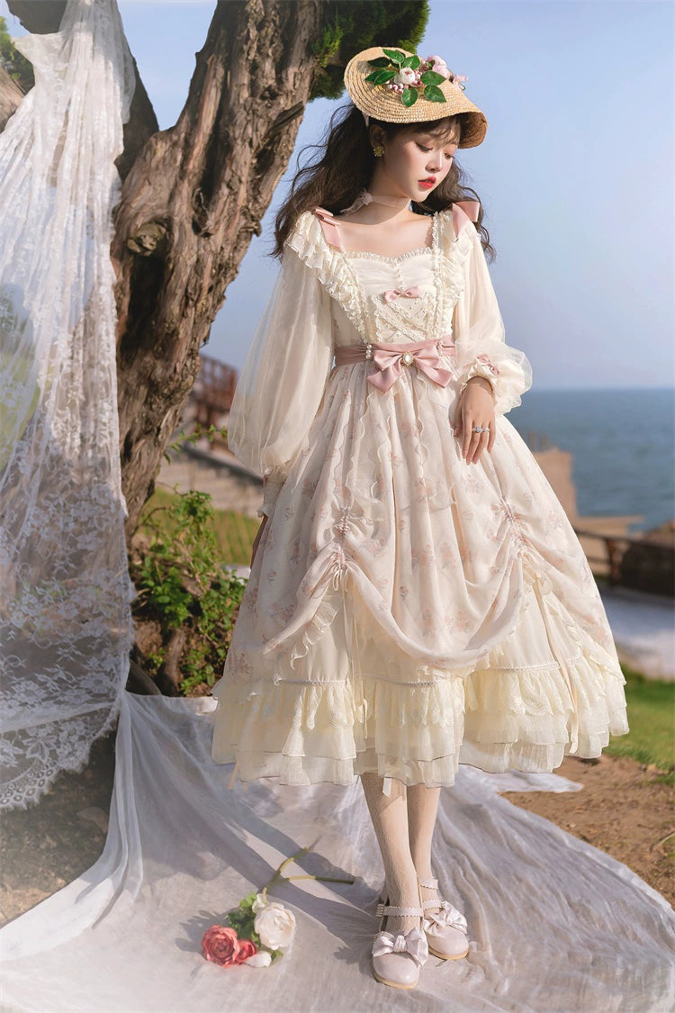 Elegant Lolita Dress Cottagecore Dress Long-Sleeved Beige Dress 36470:515888 36470:515888