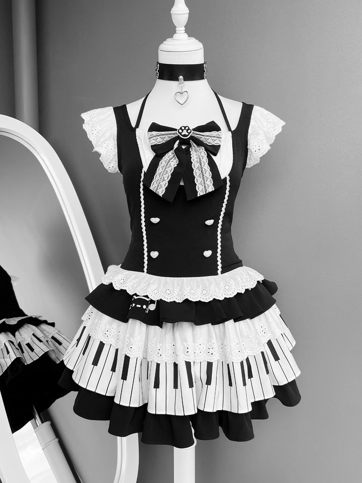 Halter Neck Kawaii Skirt Set, Cat and Piano Print (L M S) 43577:780185