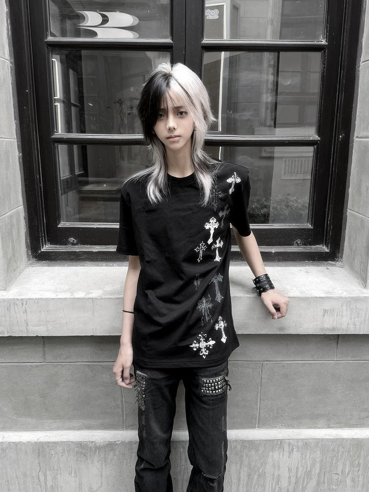Cotton Subculture Cross Printed T-Shirt, Regular Shoulder 45696:859128