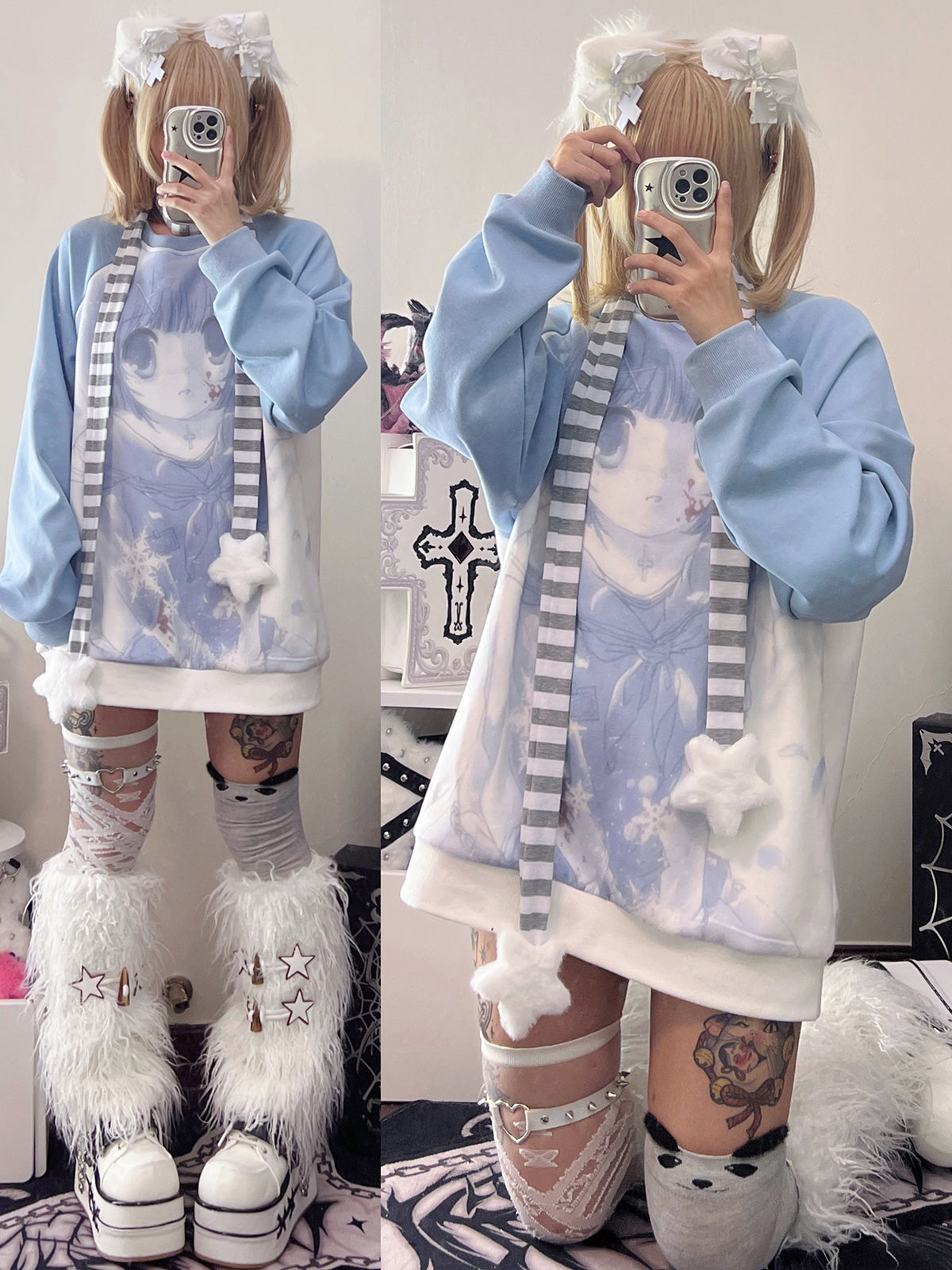 Jirai Kei Blue Sweatshirt Anime Girl Printed Sweatshirt 33326:430978