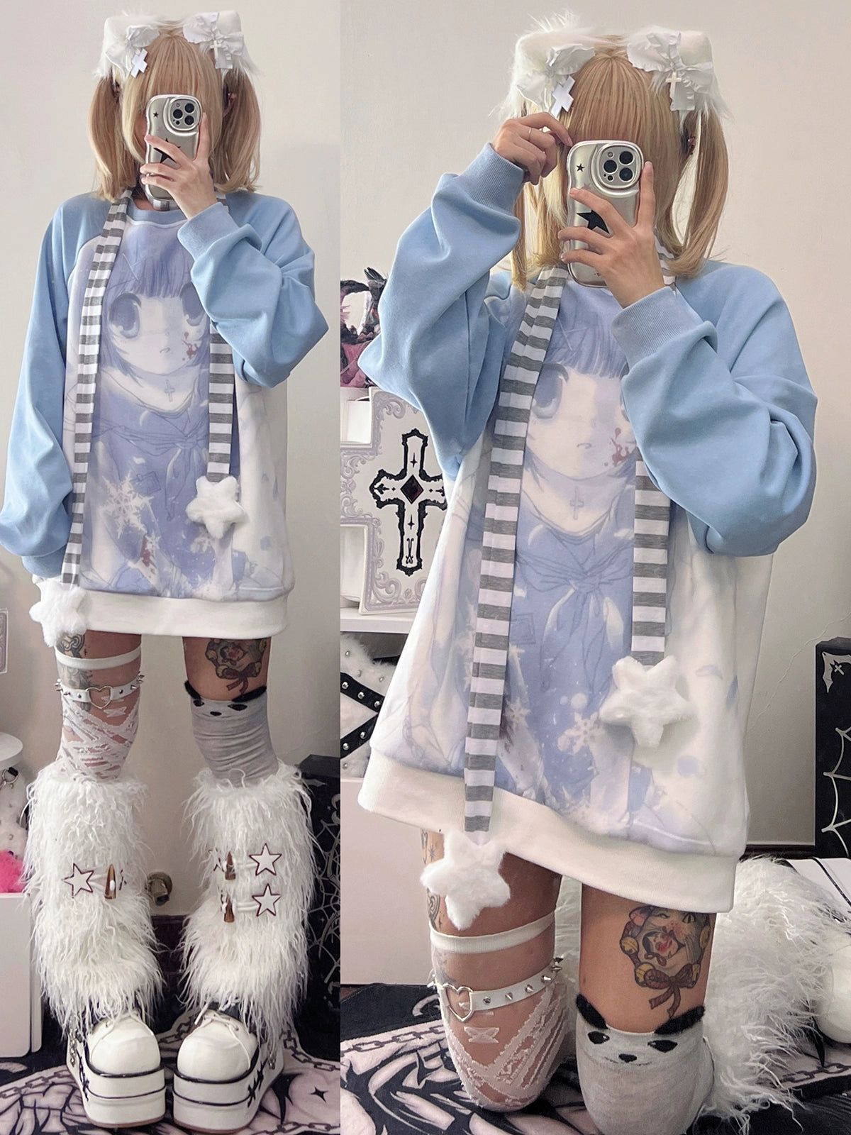 Jirai Kei Blue Sweatshirt Anime Girl Printed Sweatshirt 33326:430968