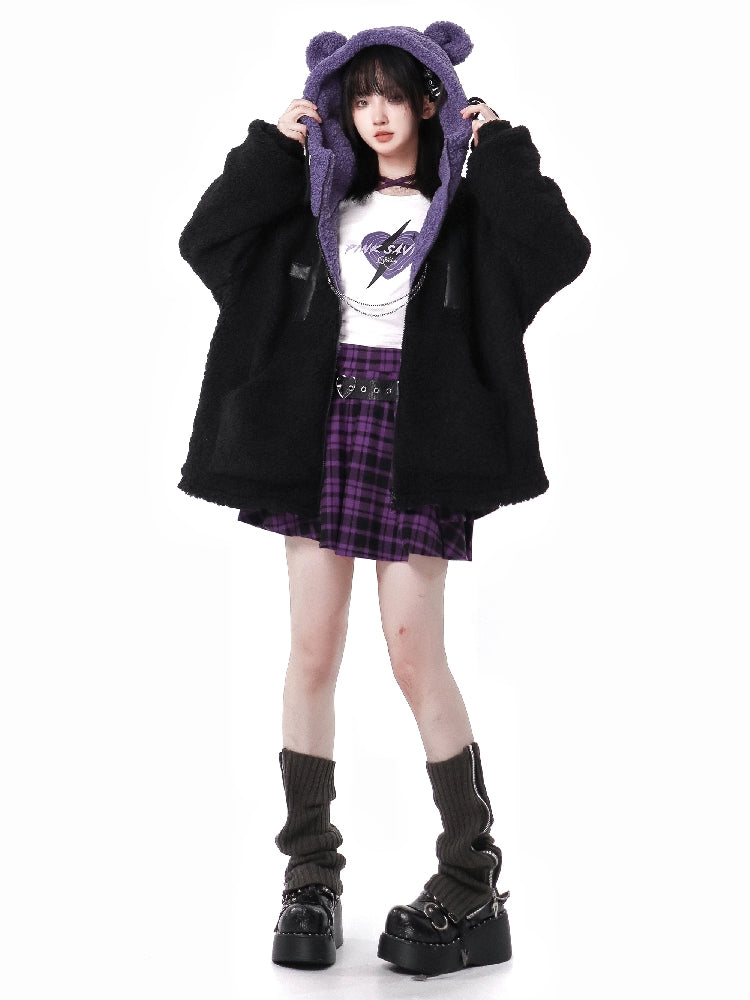 Jirai Kei Winter Coat Purple Black Outfit Sets Bear Ears Jacket 32572:421918 32572:421918