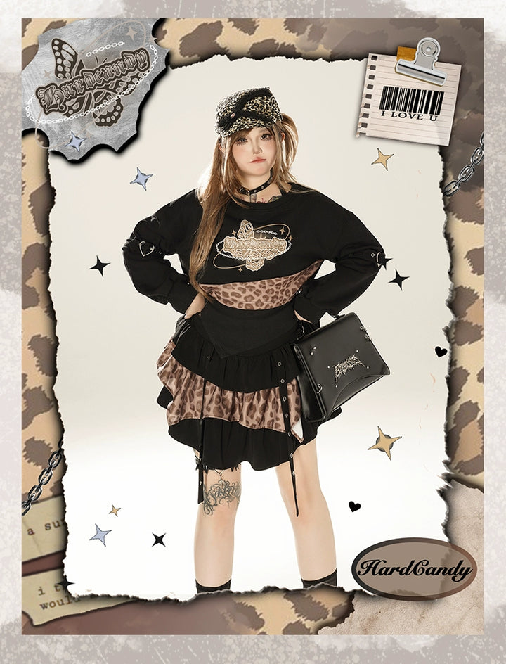 Plus Size Gyaru Outfit Set Leopard Plaid Skirt Set 39400:627876