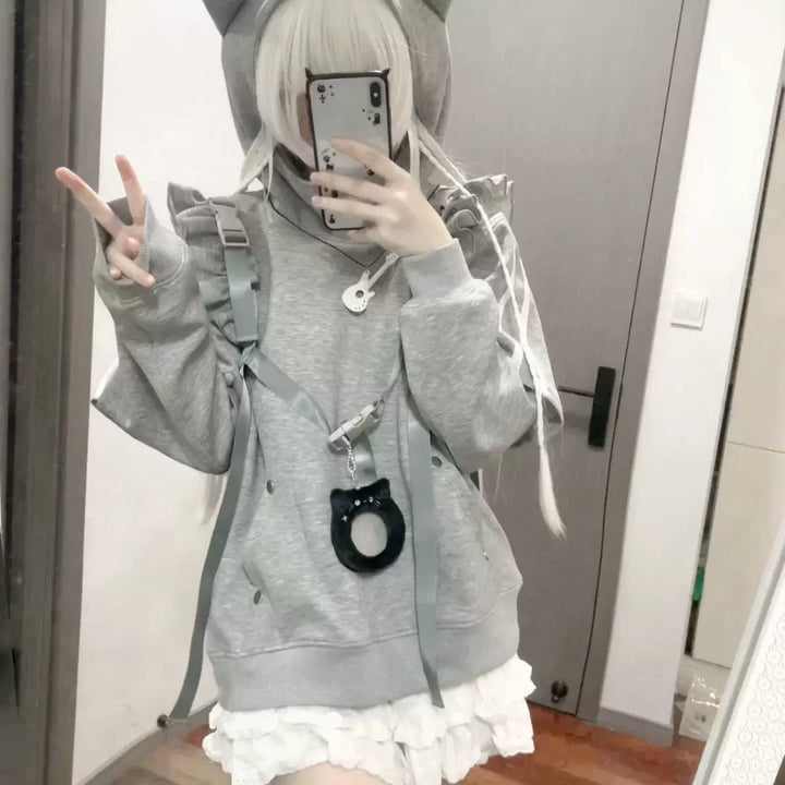 Jirai Kei Hoodie Lace-up Cat Ear Sweatshit Grey Top 39704:637028