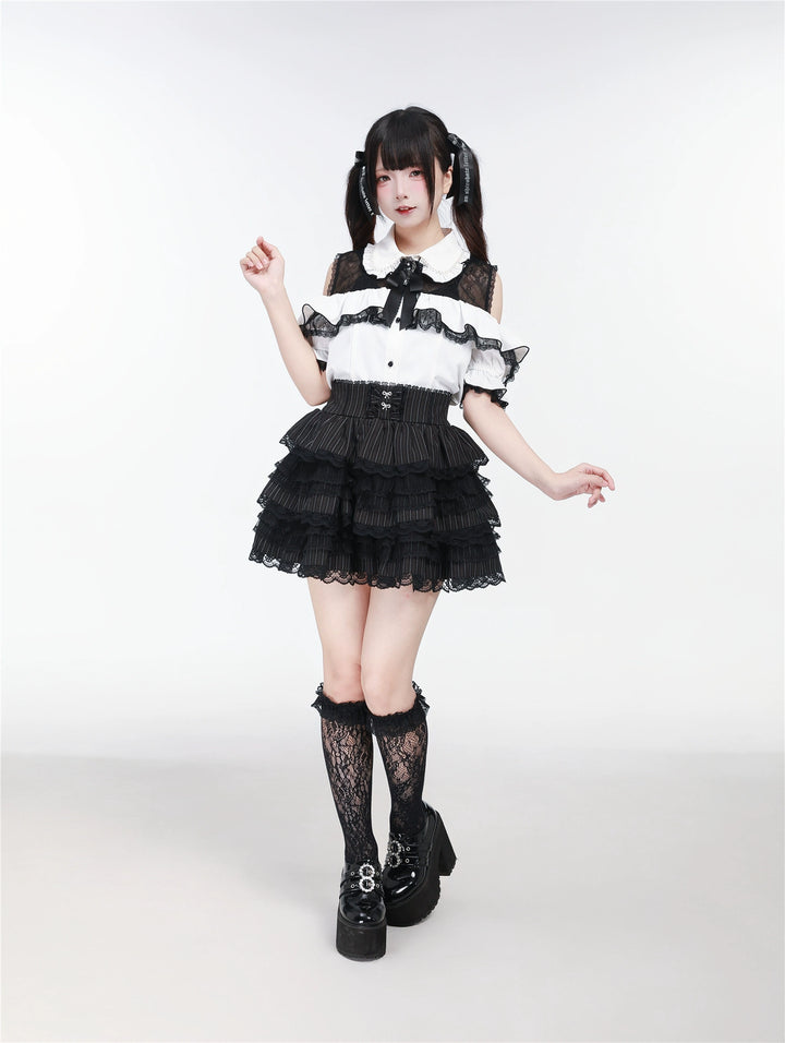 Jirai Kei Open Shoulder Lace Blouse, Pearl-Decorated Peter Pan Collar 43328:773828