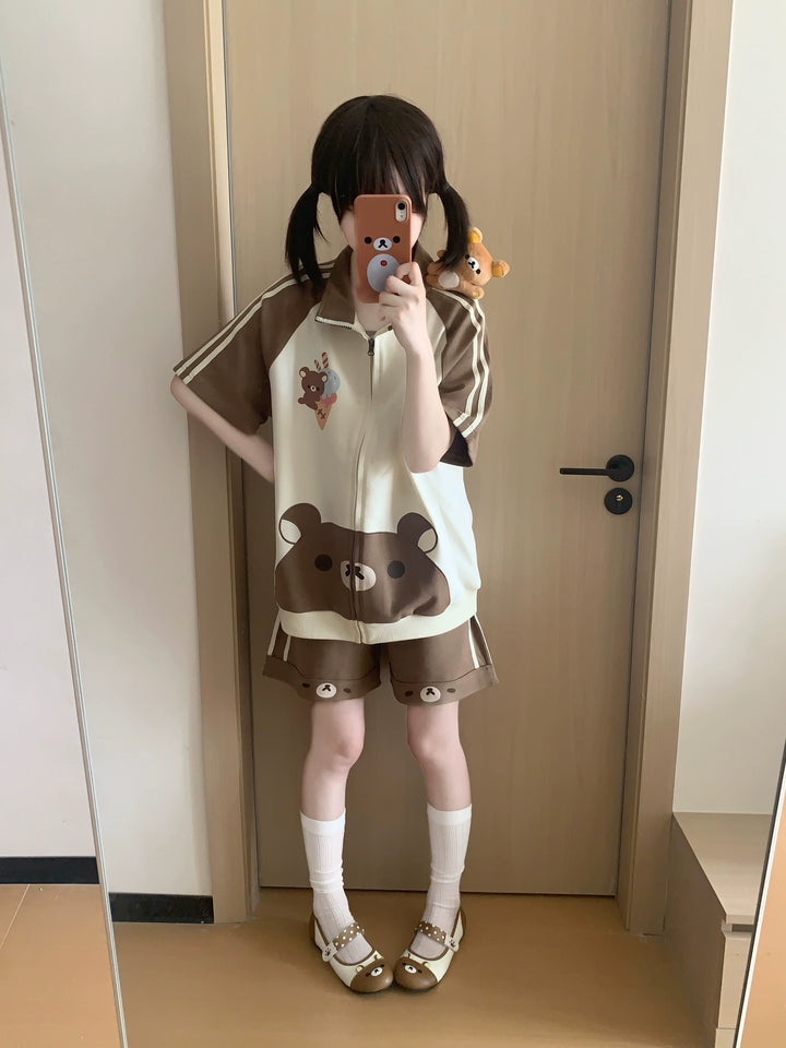 Summer Kawaii Outfit, Short Sleeve Zip-Up Sweatshirt 43557:779732