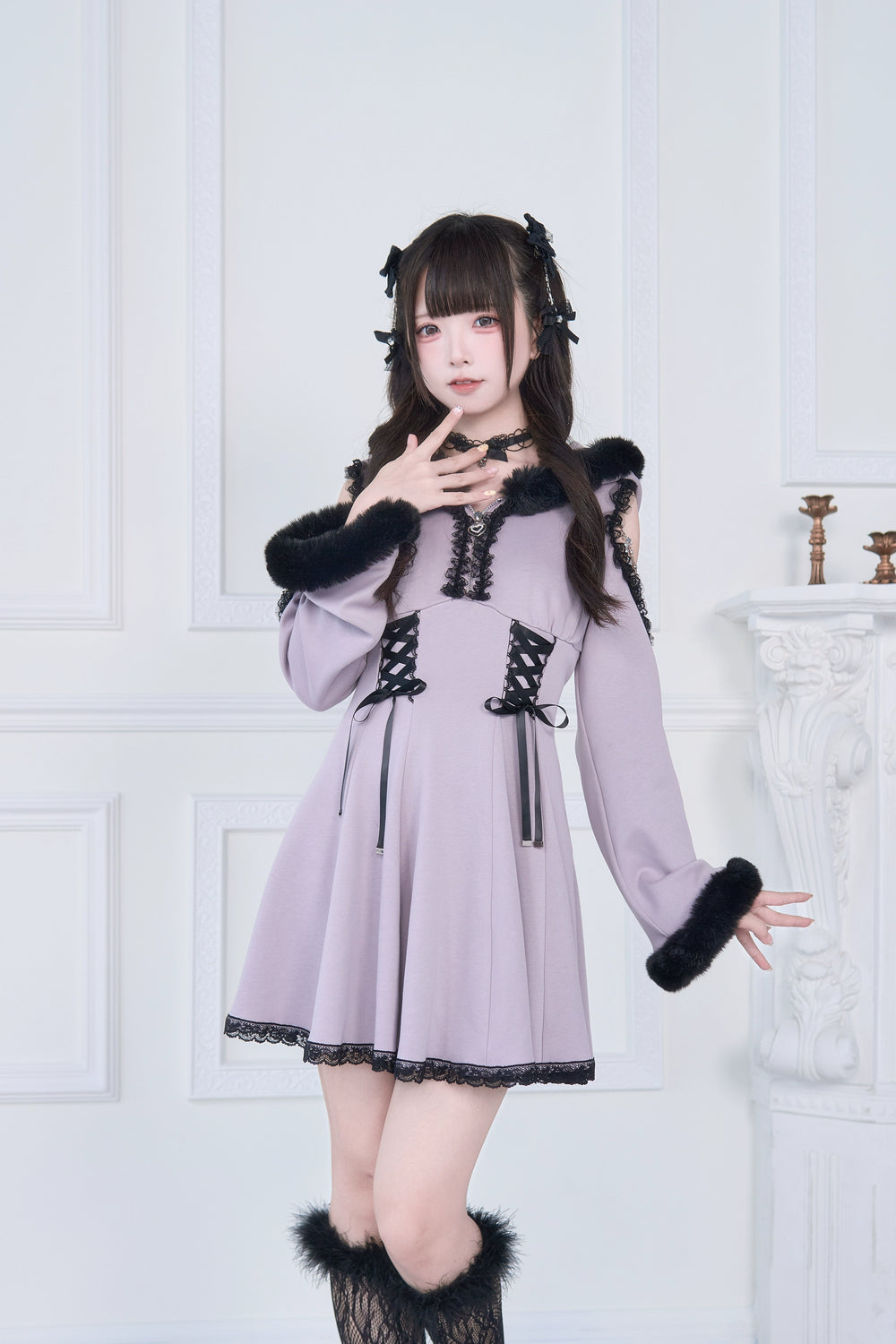 Open-Shoulder Jirai Kei Dress, Oversized Hood (Purple) 43940:789815