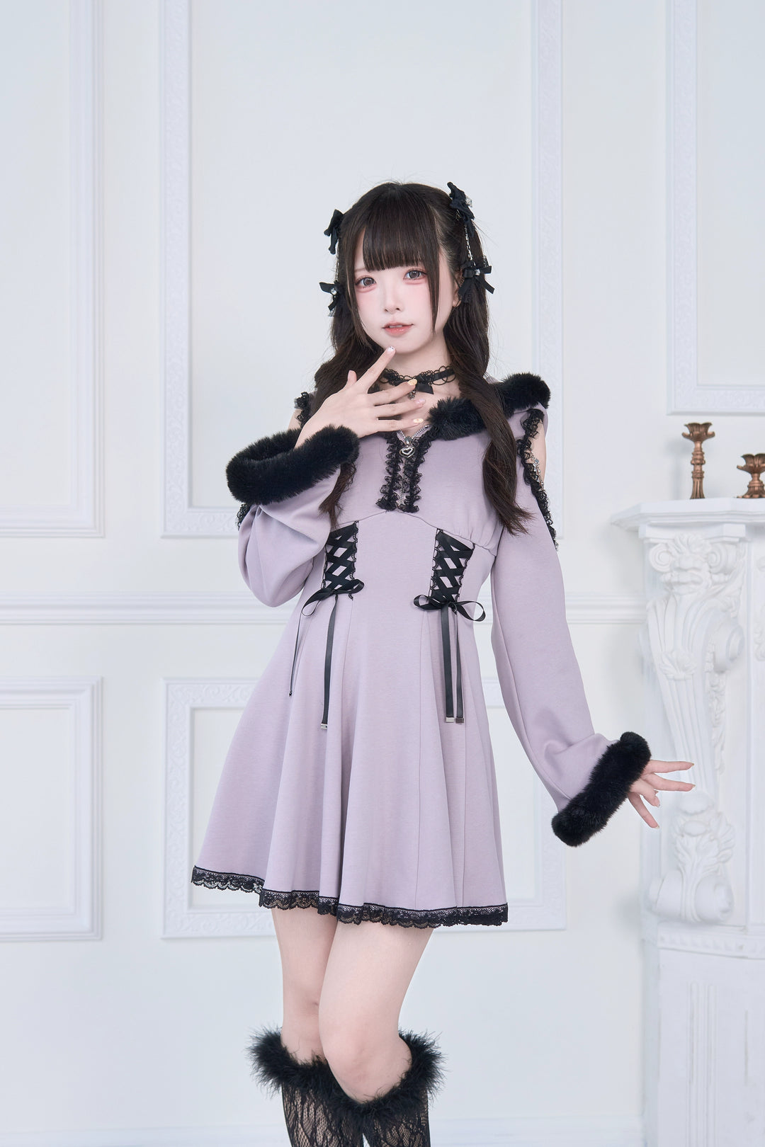 Open-Shoulder Jirai Kei Dress, Oversized Hood (Purple) 43940:789815