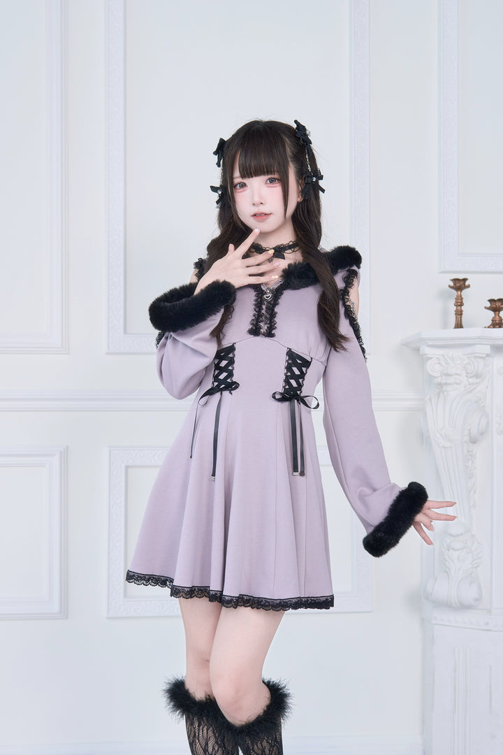 Open-Shoulder Jirai Kei Dress, Oversized Hood (Purple) 43940:789815