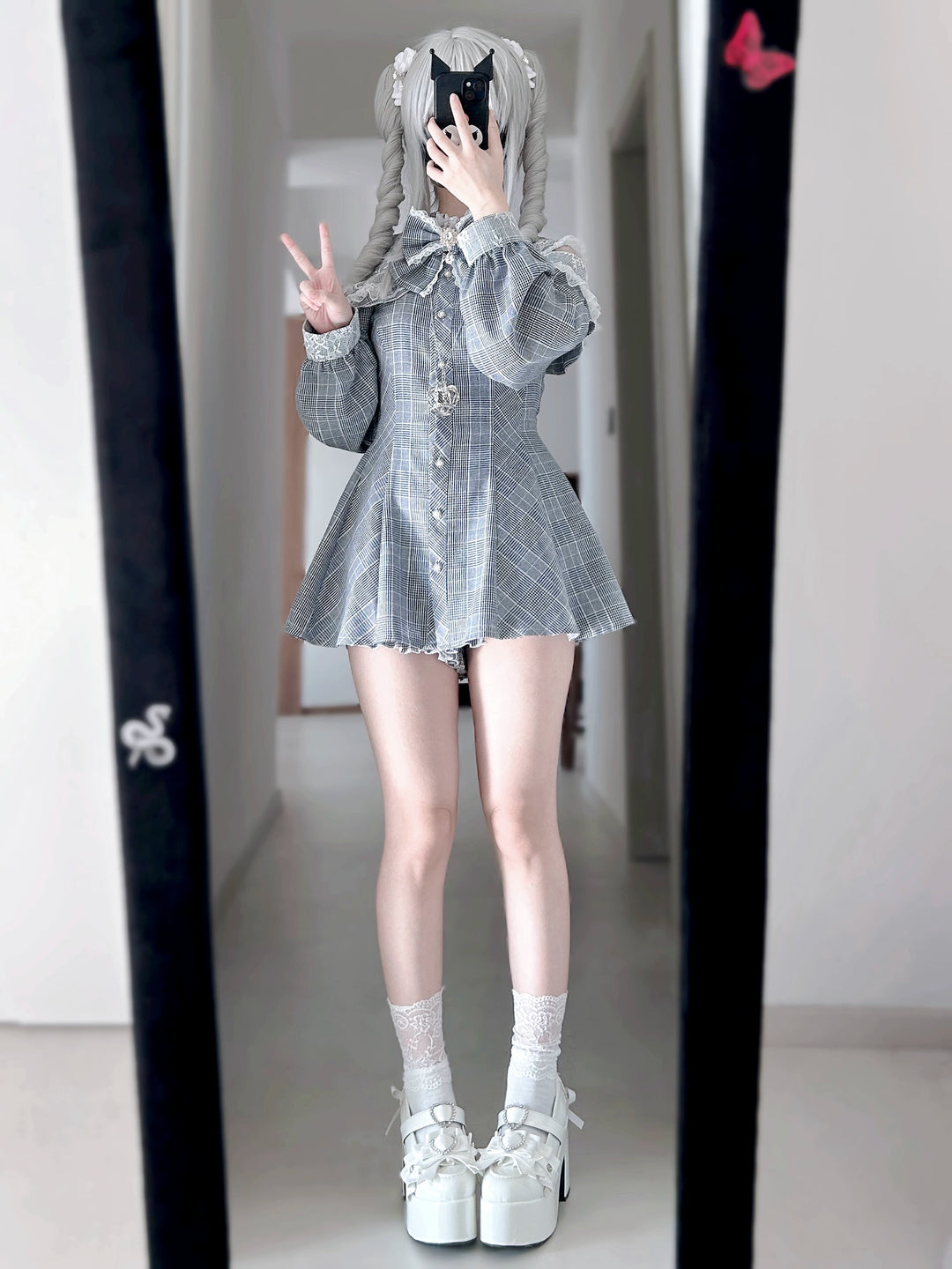 Jirai Kei Dress Set Gray Plaid Long-sleeved Dress And Shorts 41568:704938