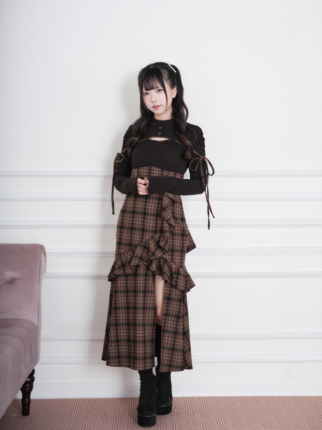 Jirai Kei Plaid Dress, Chest Cutout & Flounce Slit Hem 45956:869332