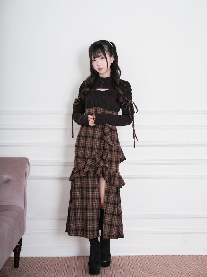 Jirai Kei Plaid Dress, Chest Cutout & Flounce Slit Hem 45956:869332