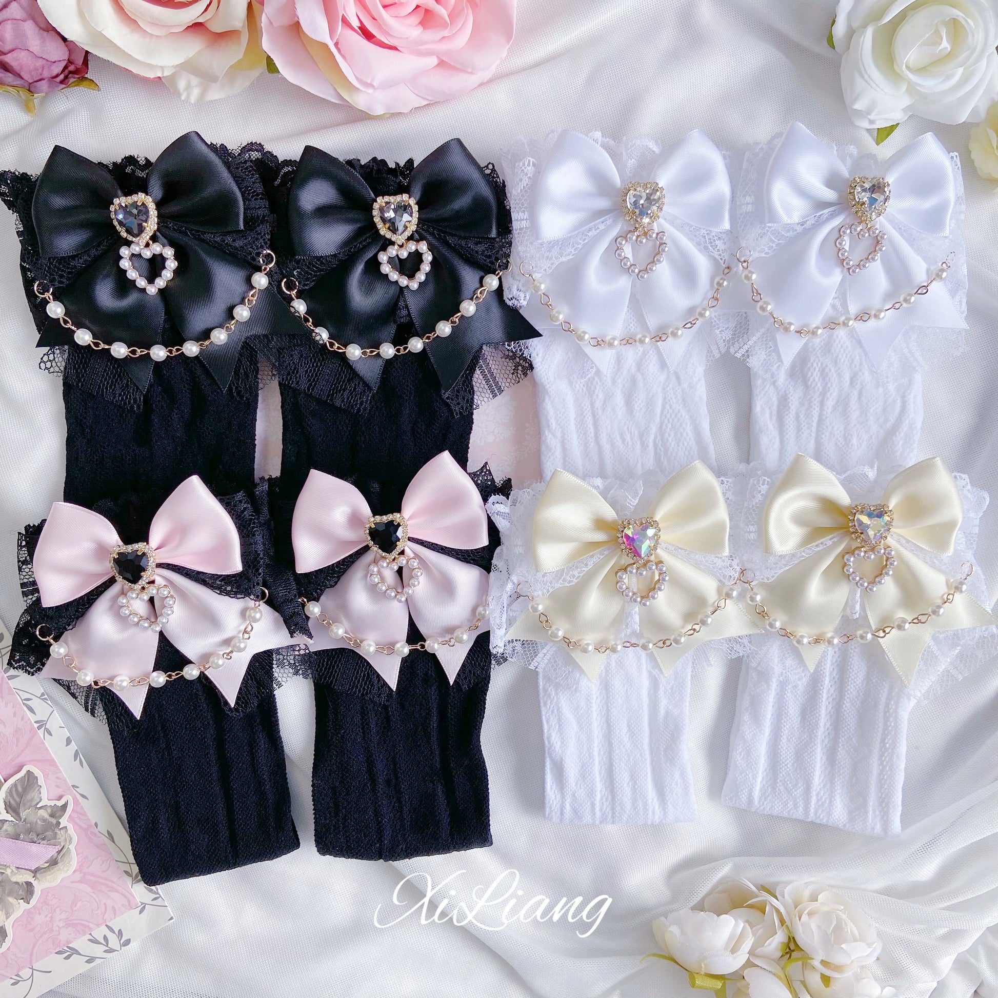 Jirai Kei Handmade Bow Pearl Heart Lolita Lace Socks 28904:326728