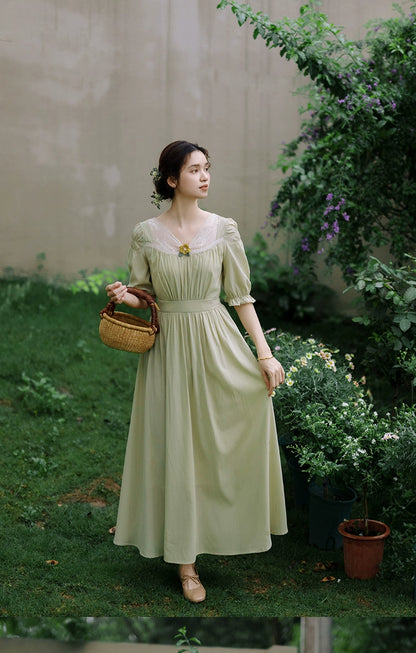 Mori Kei Dress Elegant Dress Matcha Green Lace Trim Dress 36344:547214