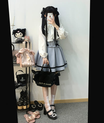 Jirai Kei White Black Blouse Lace Standing Collar Long Sleeved Shirt 31852:372702