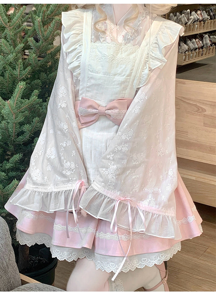 Kawaii Outfit White Maid Blouse And Pink Skirt With Apron 42283:735262