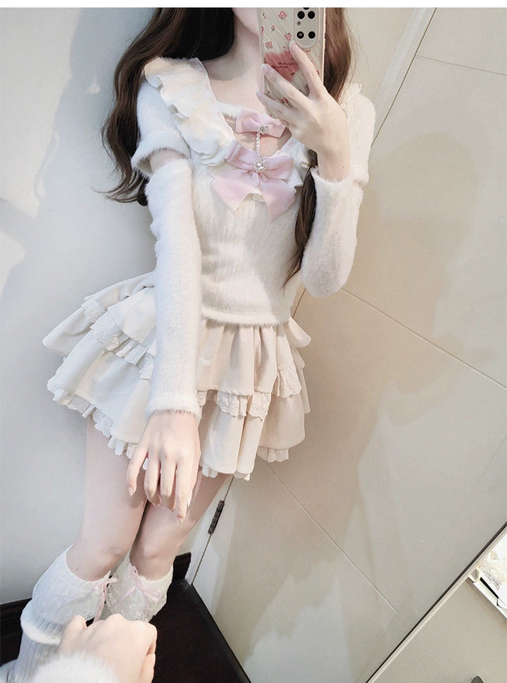 Sweet Kawaii White Sweater Cake Skirt Set 41556:703720