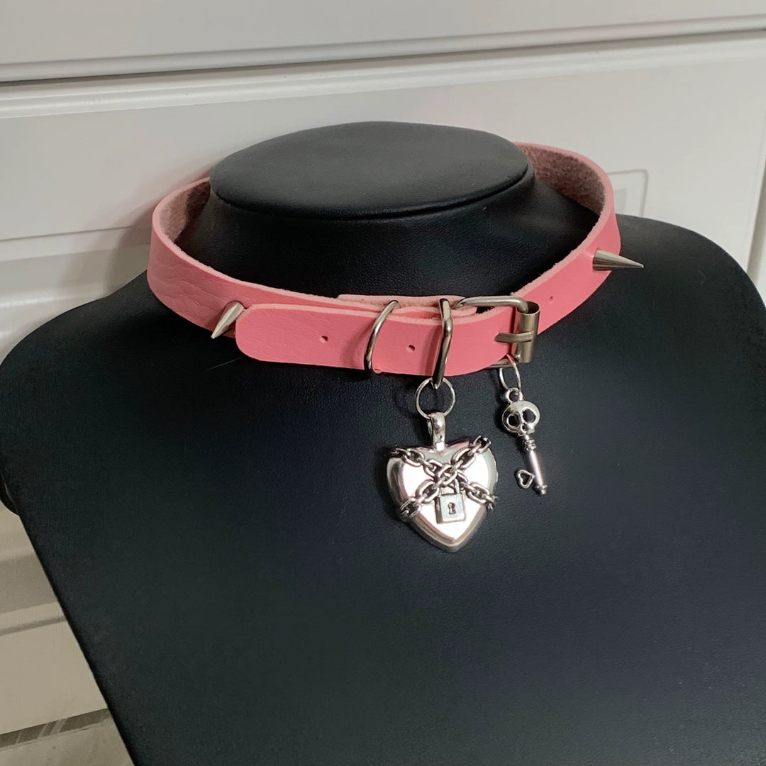 Jirai Kei Punk Metal Choker Pink Red PU Leather Necklace (Pink) 29292:354358