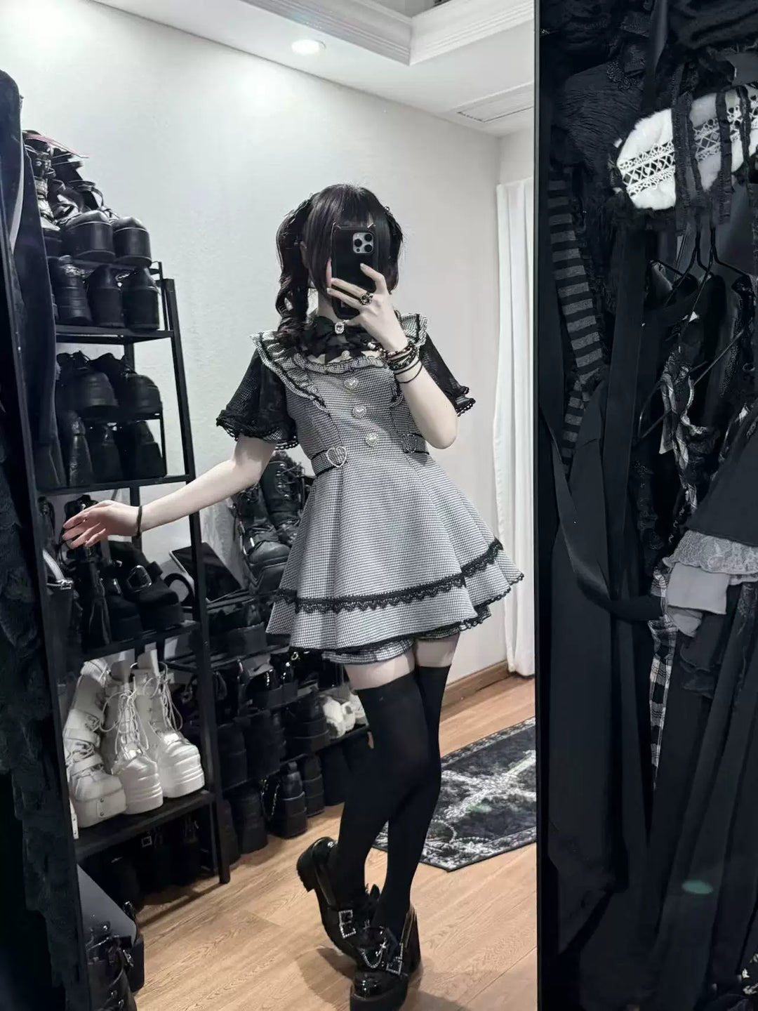 Jirai Kei Lace Sleeve Dress Set, Detachable Faux Collar 45261:842981