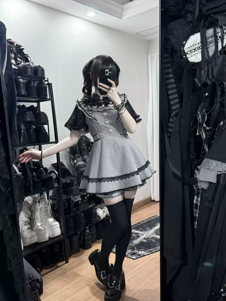 Jirai Kei Lace Sleeve Dress Set, Detachable Faux Collar 45261:842981