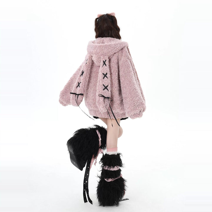 Jirai Kei Winter Coat Fleece Jacket Bunny Ear Hooded Coat 40744:677750