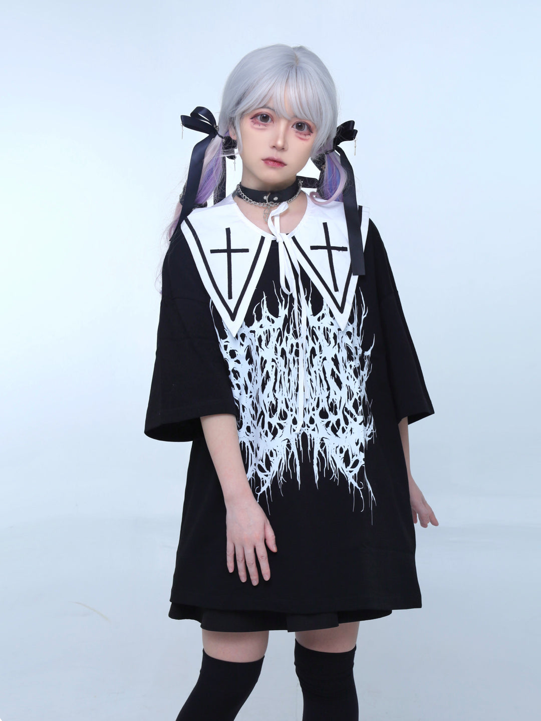 Gothic Jirai Kei Black T-shirt Cross Embroidery Fake Collar 42329:736475