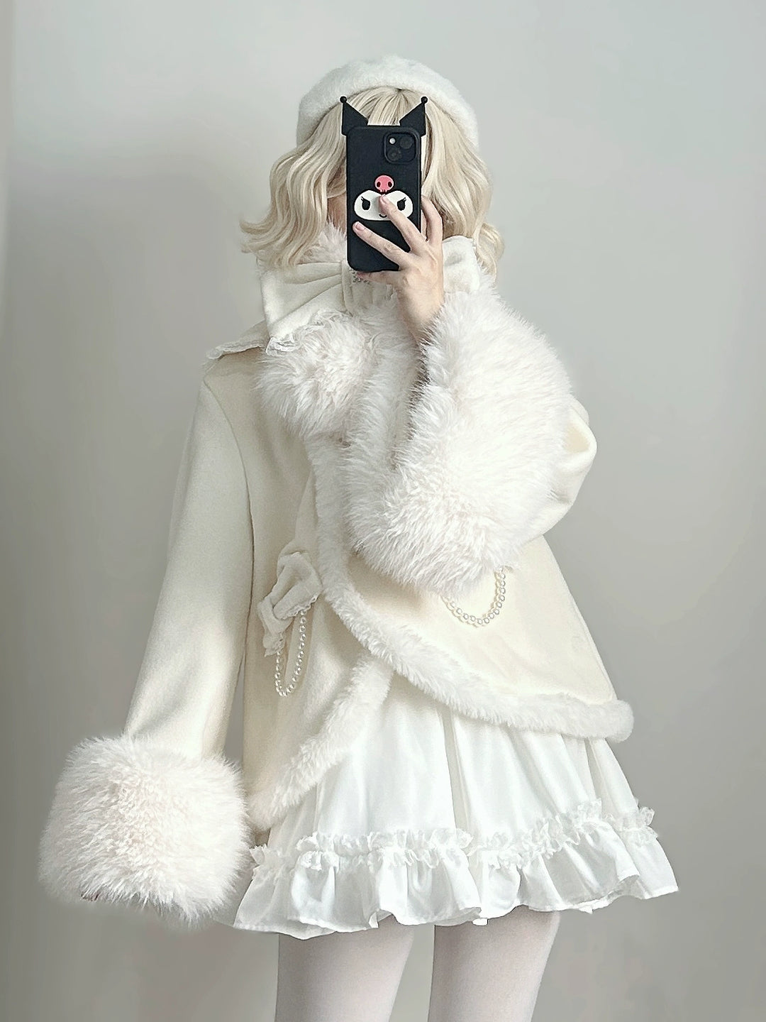 Jirai Kei Wool Coat Fur Collar Big Bow Knot Winter Coat 40572:674282