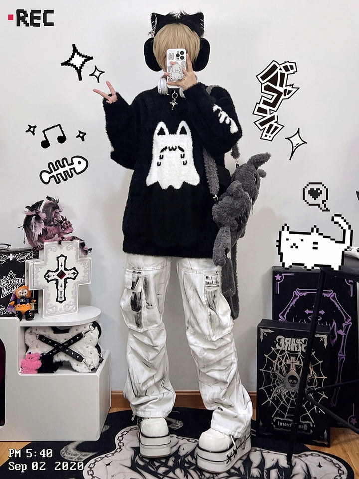 Jirai Kei Sweater Black Ghost Cat Print Couple Sweater 39952:646140