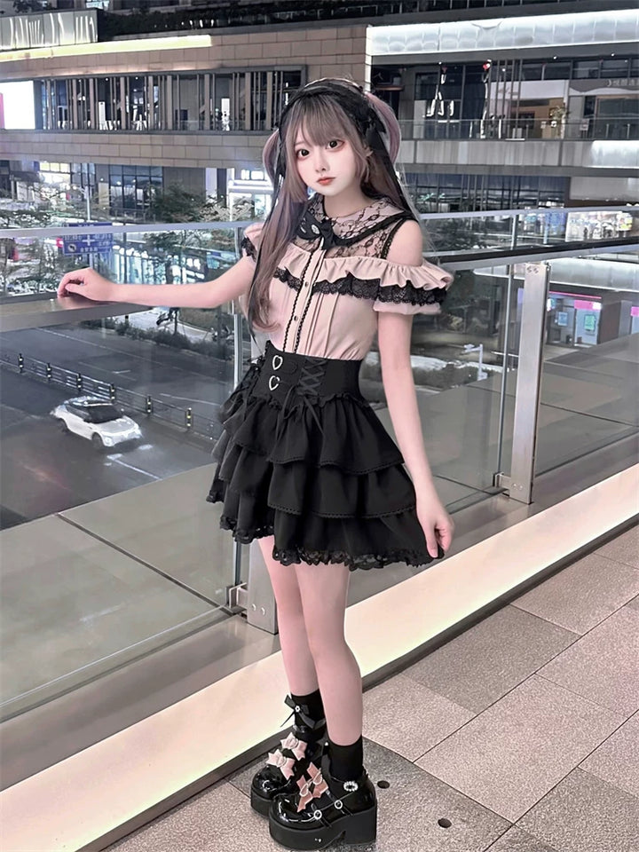 Jirai Kei Off Shoulder Blouse, Tiered Skirt 45584:856515