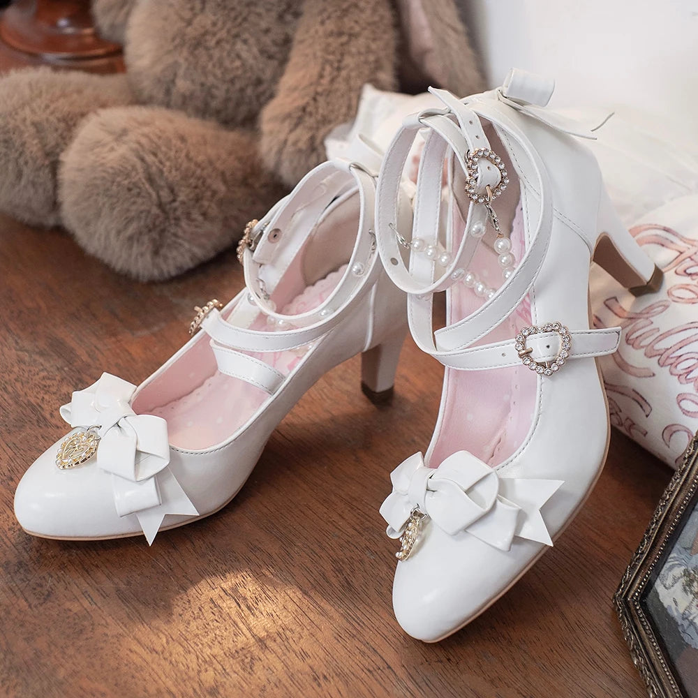 Classic Lolita Pointed Toe High Heels, Pearl-Like & Rhinestone (35 36 37 38 39 40 41 / White) 45841:864882