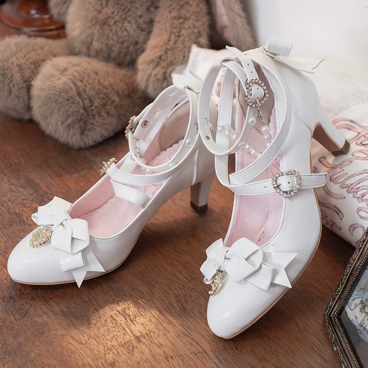 Classic Lolita Pointed Toe High Heels, Pearl-Like & Rhinestone (35 36 37 38 39 40 41 / White) 45841:864882
