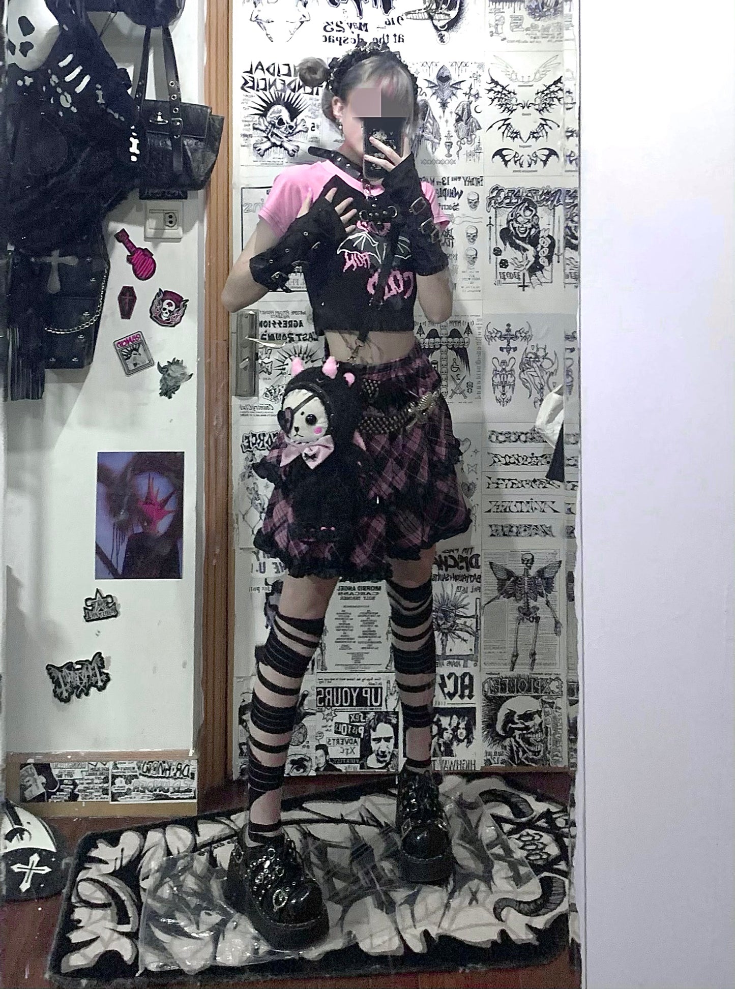 Punk Plaid Skirt Pink Blue Skirt Bow Layered Ruffle Skirt 33818:445918