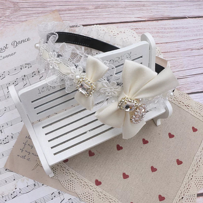 Jirai Kei Lace & Ribbon Headband, Heart-Shaped Rhinestone 45076:837724