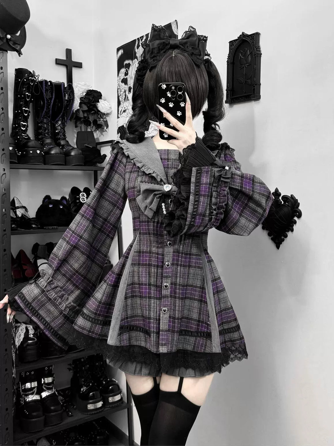 Plaid Jirai Kei Dress Set, Shorts with Side Pockets 44330:805057