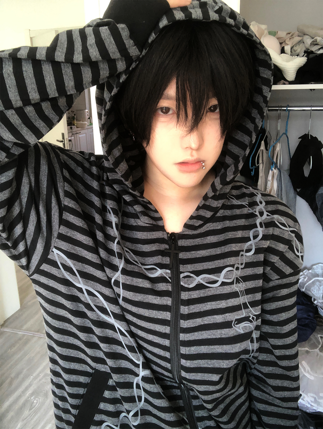 Gothic Striped Zip-Up Hoodie, Cotton for Summer 45270:844637