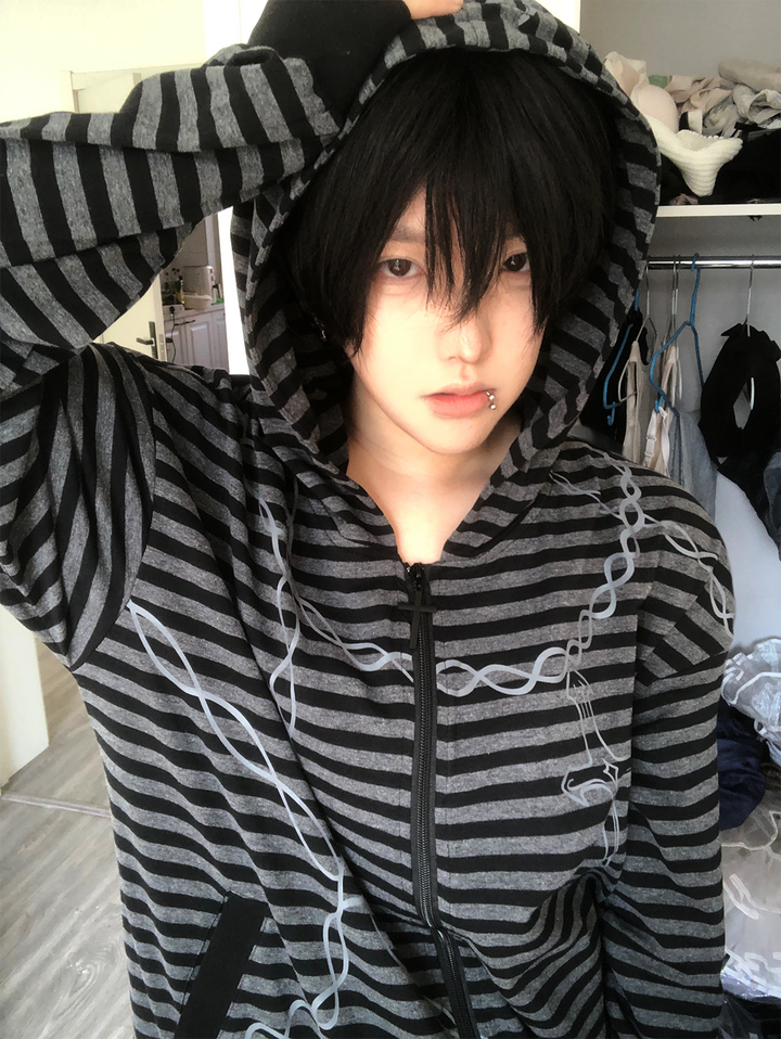 Gothic Striped Zip-Up Hoodie, Cotton for Summer 45270:844637