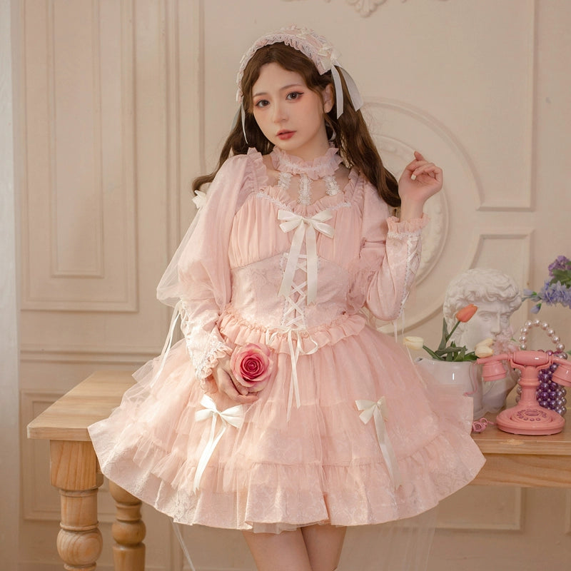 Gothic Lolita Dress Long Sleeve Dress Black Pink Puffy Dress 32084:381974