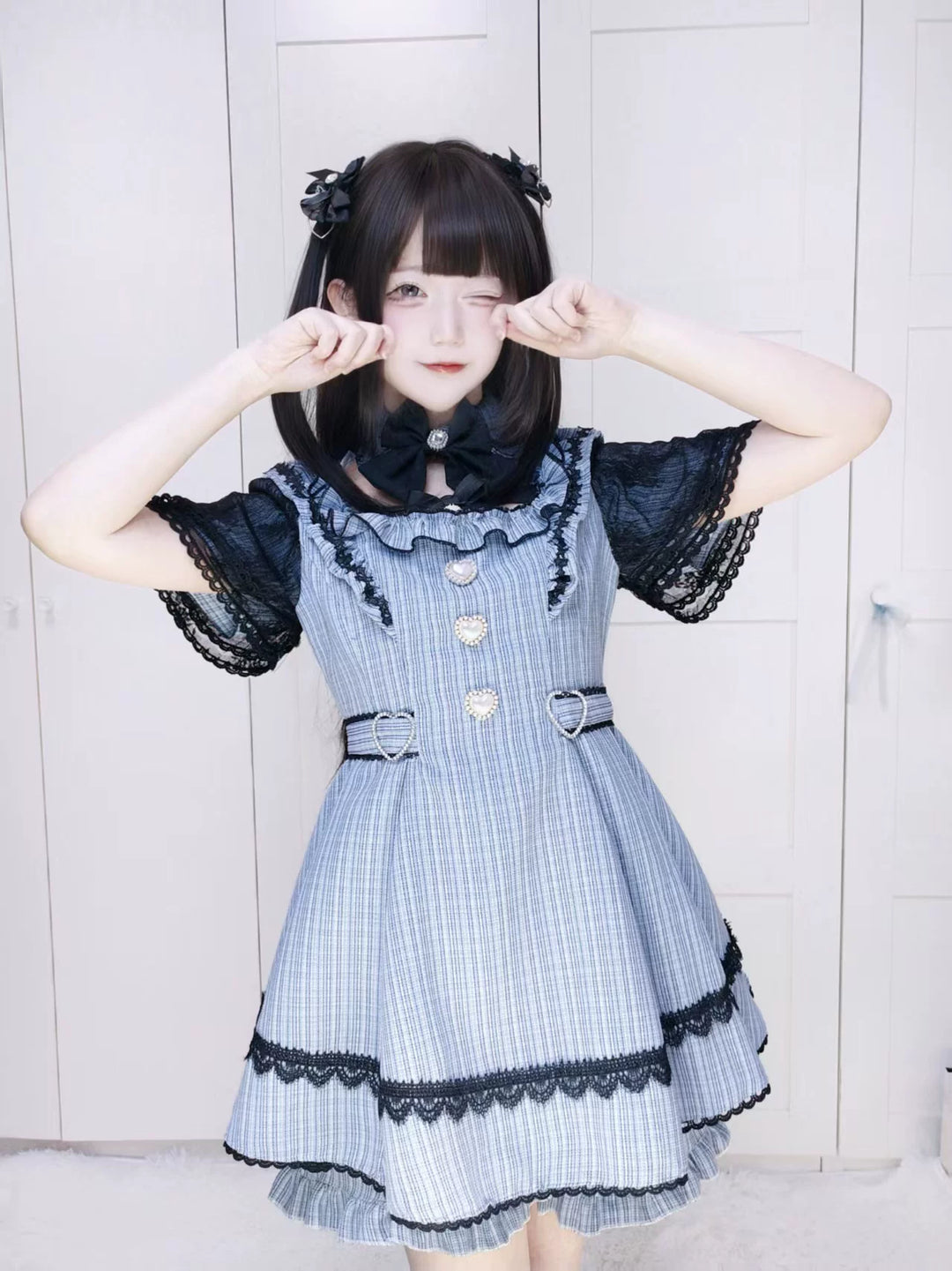 Jirai Kei Lace Sleeve Dress Set, Detachable Faux Collar 45261:842955