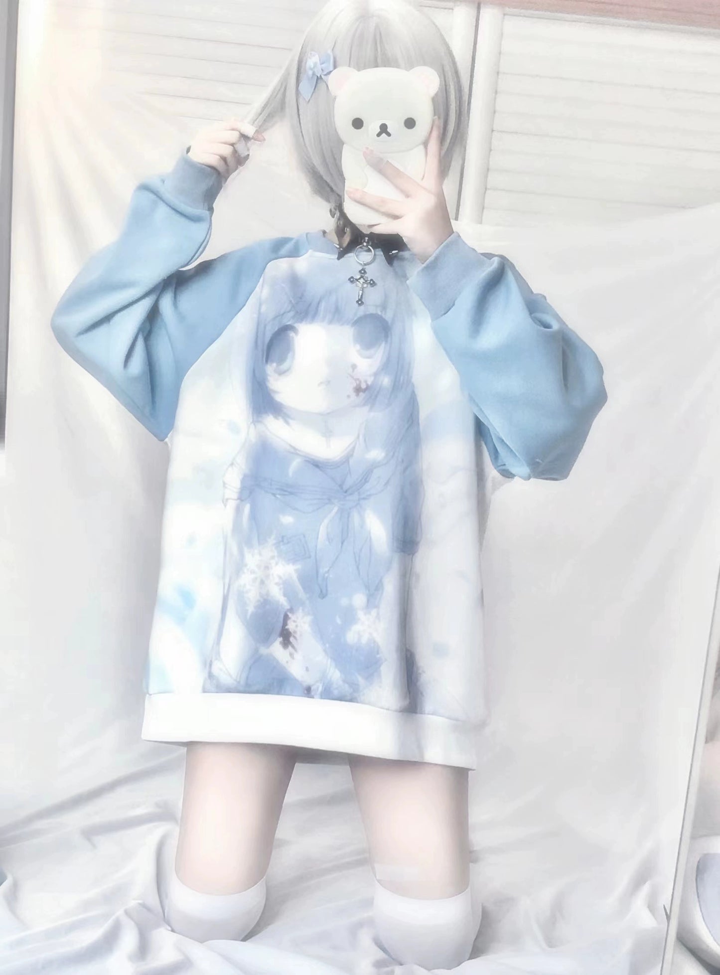 Jirai Kei Blue Sweatshirt Anime Girl Printed Sweatshirt 33326:430986